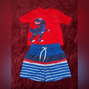 Carter's Red and Blue Dinosaur Rash guard & Swim Trunk Set